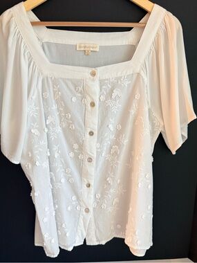 Embroidered Square-Neck White Button-Front Women's Blouse